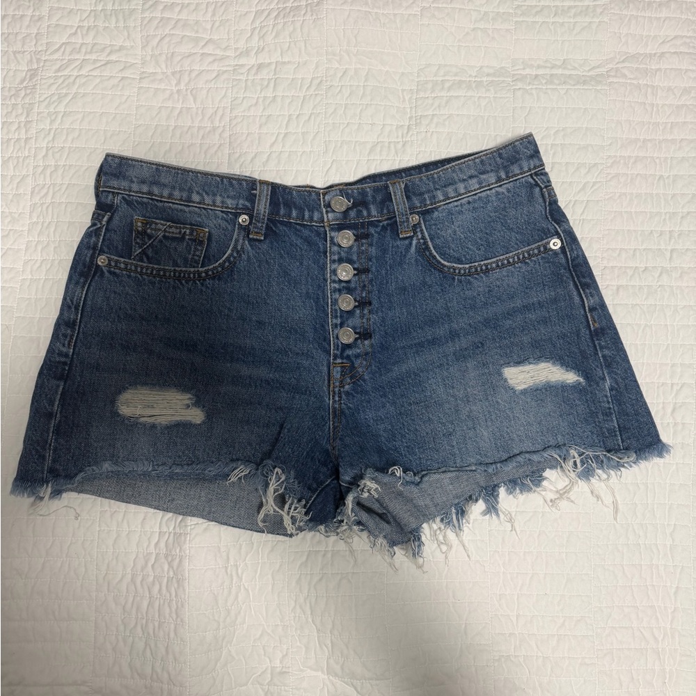 7 For All Mankind Distressed High-Rise Denim Shorts - Dark Blue